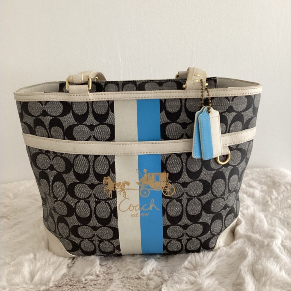 Coach Signature tote with blue stripe